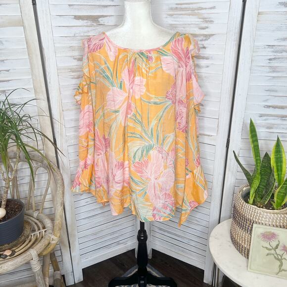 COCOMO Woman PLUS 3X Long Sleeve Cold Shoulder Tropical Floral Rayon Top Orange - Picture 2 of 16